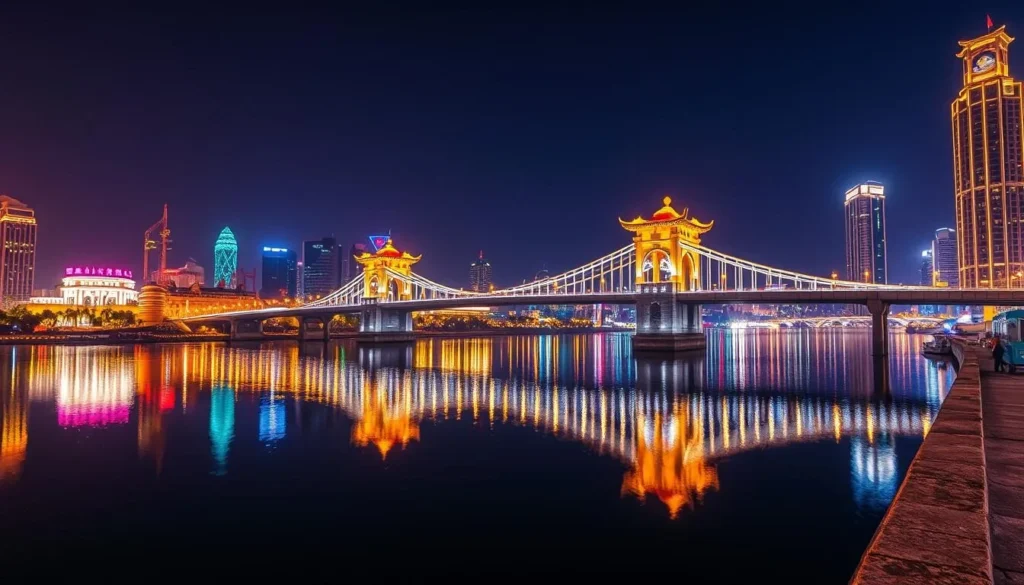 Generate an image of Qiansimen Bridge at night with its vibrant cityscape.