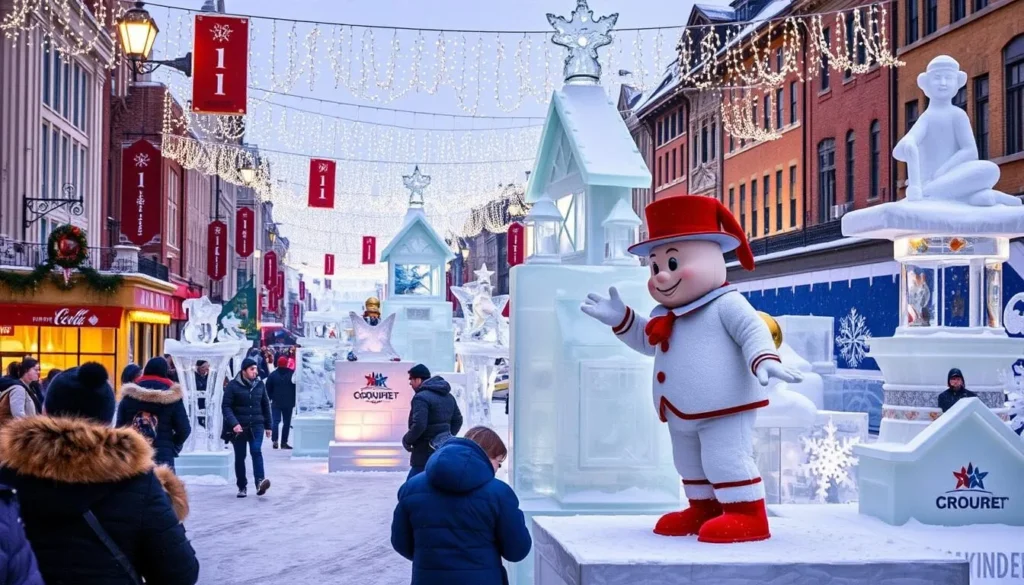 Generate an image of Quebec City during the Winter Carnival with ice sculptures and Bonhomme.