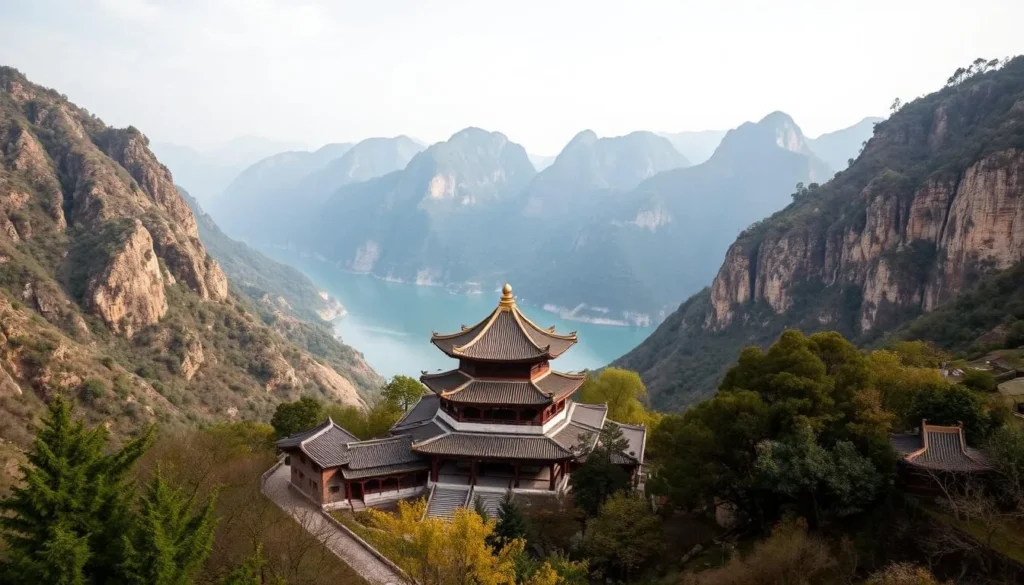 Generate an image of Quyuan Temple nestled against the mountains with the Three Gorges Dam in the background.