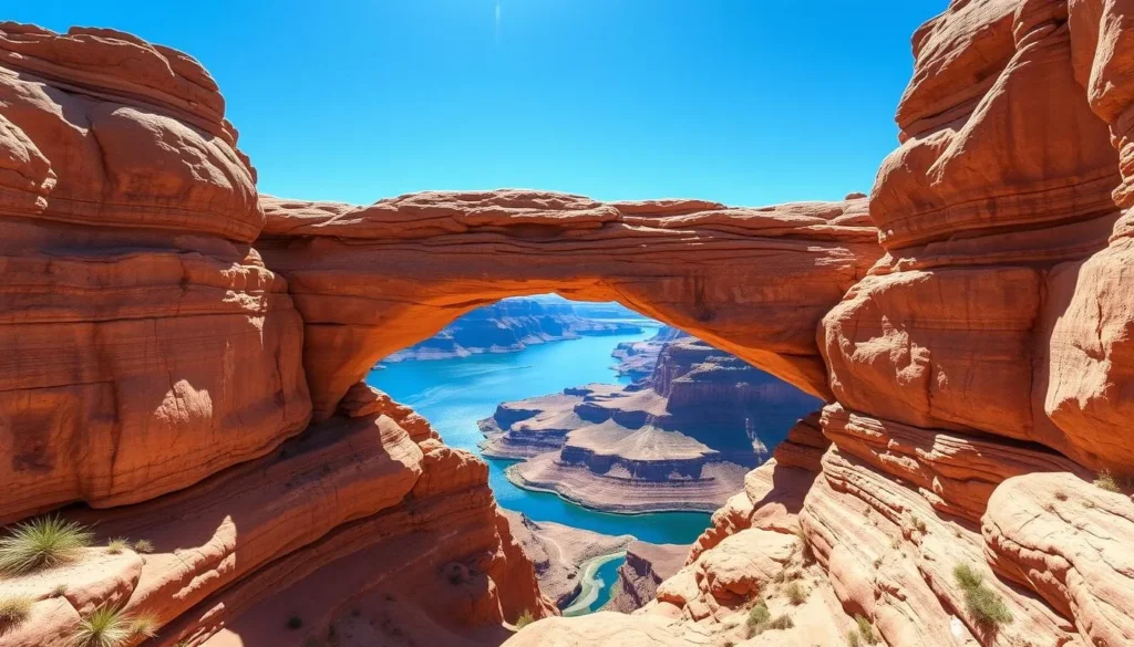 Generate an image of Rainbow Bridge National Monument with Lake Powell in the background.