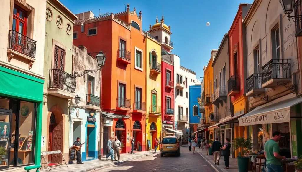 Generate an image of Rainbow Street in Amman, Jordan, showcasing its vibrant atmosphere and mix of old and new buildings.