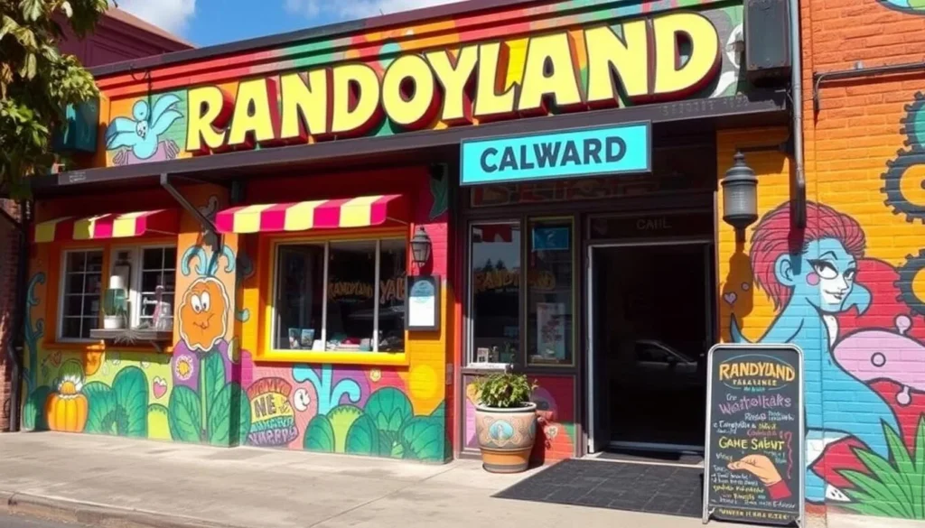 Generate an image of Randyland's exterior, showcasing its brightly colored murals and unique architecture.