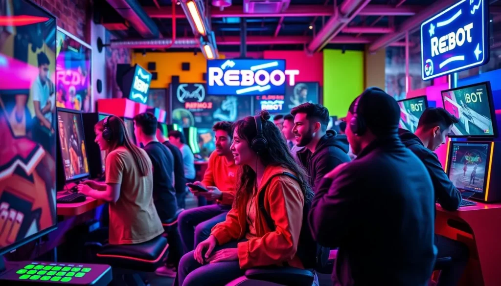 Generate an image of Reboot's gaming area with people playing different games.