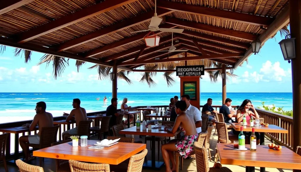 Generate an image of Reggae Beach Bar & Grill's beachside seating with patrons enjoying their meals.