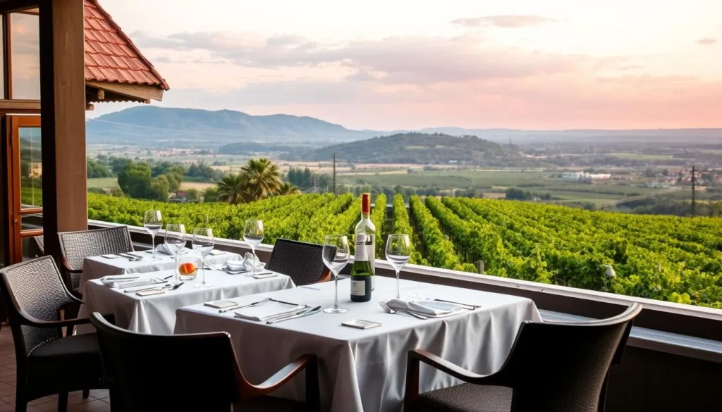 Generate an image of Restaurant Torkel with its stunning views of the prince's vineyards.