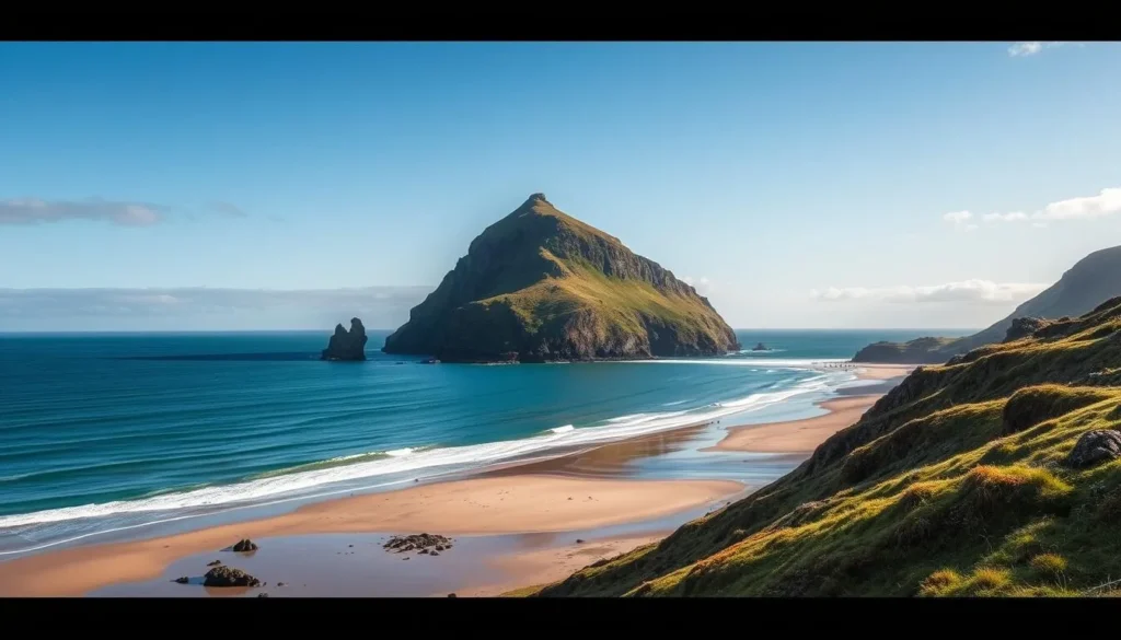 Generate an image of Rhossili Bay with Worm's Head in the background