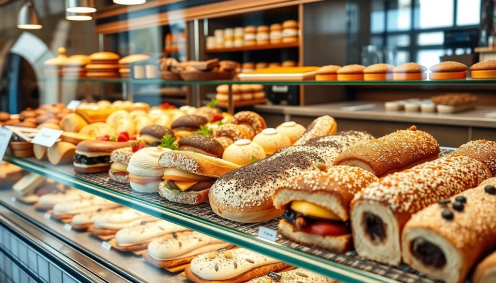 Generate an image of Ricomini Bakery's display case, showcasing their variety of pastries and sandwiches.