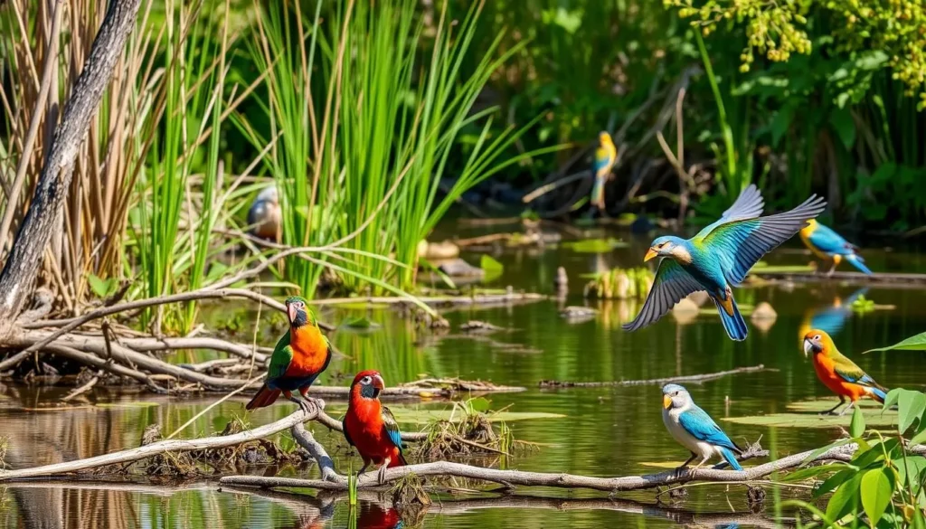 Generate an image of Rio Bosque Park, highlighting its restored wetlands and diverse bird species.