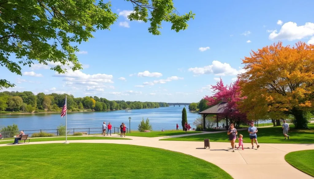 Generate an image of Riverside Park along the Mississippi River in Muscatine, Iowa, showcasing its scenic views and recreational activities.