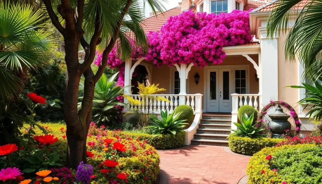 Generate an image of Romney Manor, a historic estate on St. Kitts with beautiful gardens and Caribelle Batik workshop.