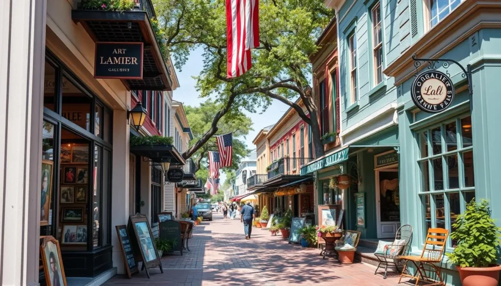 Generate an image of Royal Street with art galleries and antique shops.