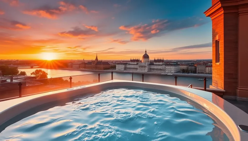 Generate an image of Rudas Baths' rooftop hot tub at sunset, with the Budapest skyline in the background.