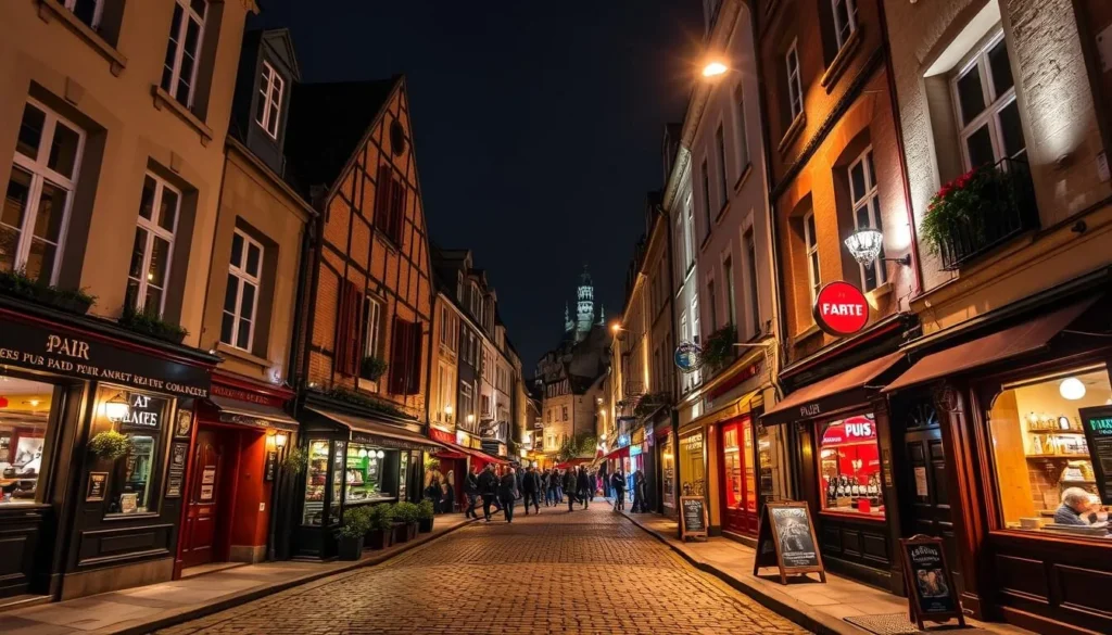 Generate an image of Rue Saint-Michel in Rennes, France, at night, with its cobblestone streets lined with bars and pubs.