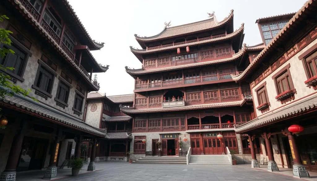 Generate an image of Ruishi Lou, the tallest diaolou in Kaiping, showcasing its nine-story height and unique architectural features.