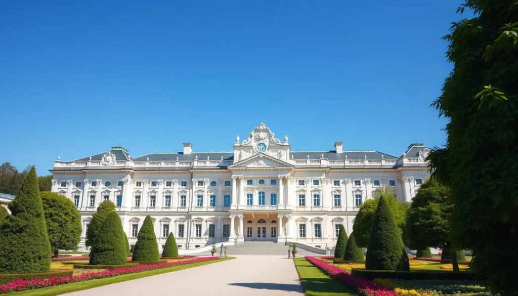 Generate an image of Rundāle Palace, showcasing its grand Baroque and Rococo architecture.