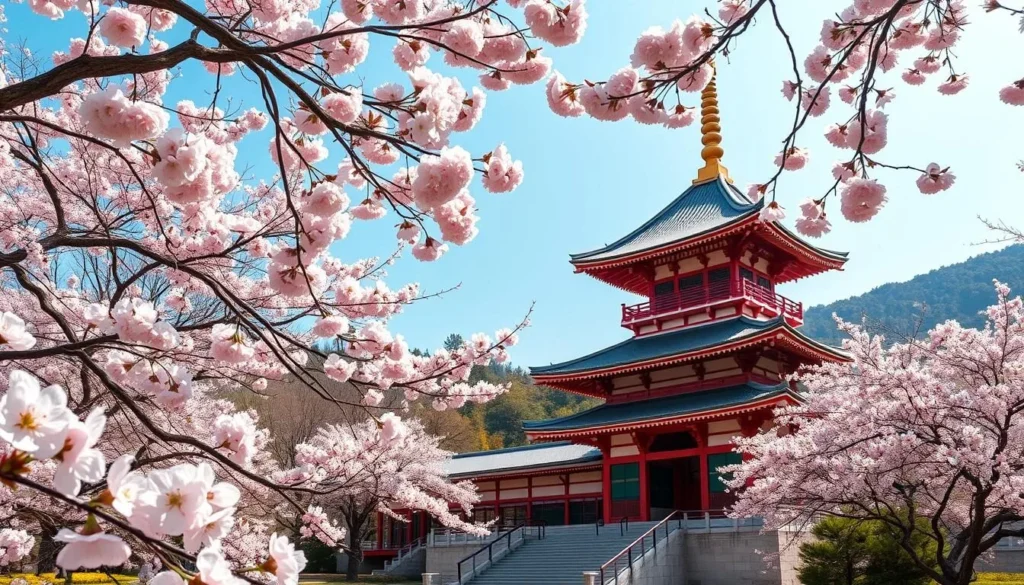 Generate an image of Rurikoji Temple's five-storied pagoda surrounded by cherry blossoms in Kozan Park.