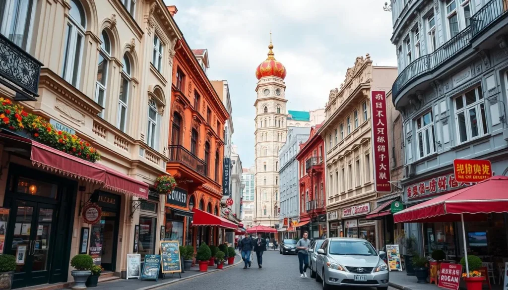 Generate an image of Russian Street in Dalian, showcasing its distinctive Russian-style buildings and bustling atmosphere.