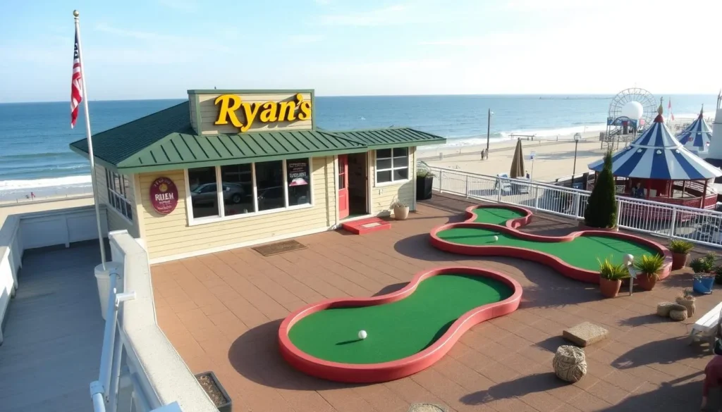 Generate an image of Ryan's Mini Golf on the rooftop with ocean views and the Rehoboth Beach Boardwalk in the background.