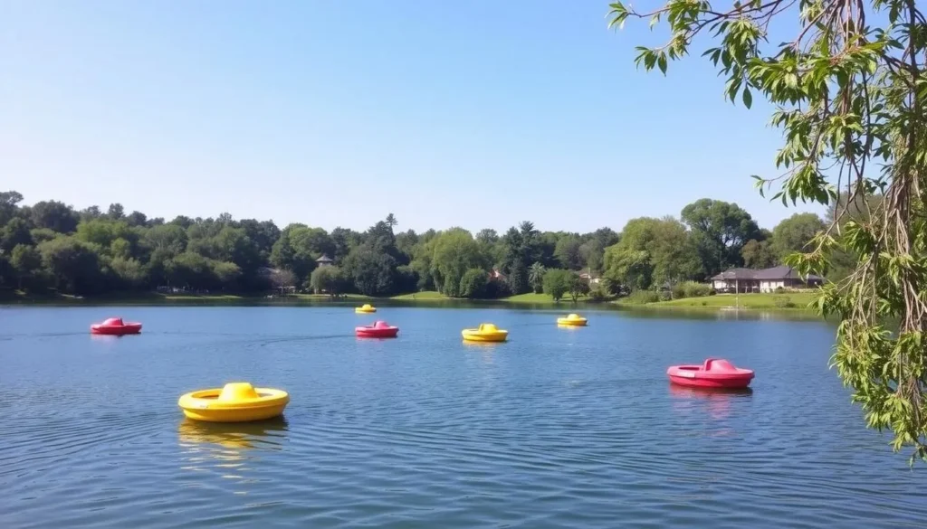 Generate an image of Rymill Park's lake with paddleboats.