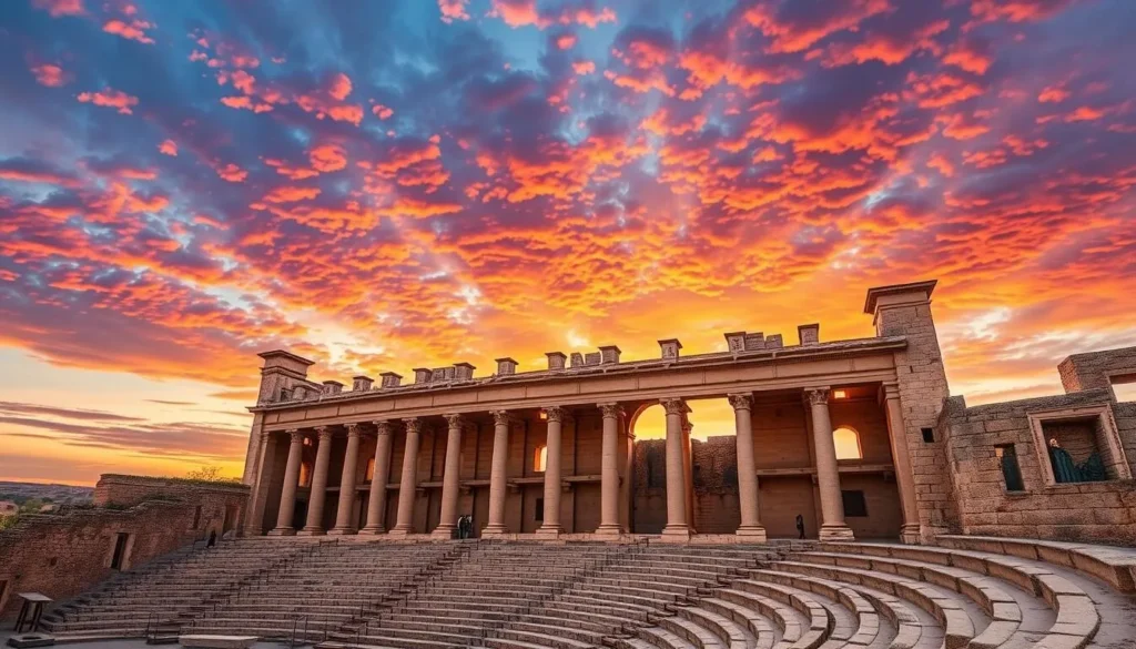 Generate an image of Sabratha's Roman theater at sunset.