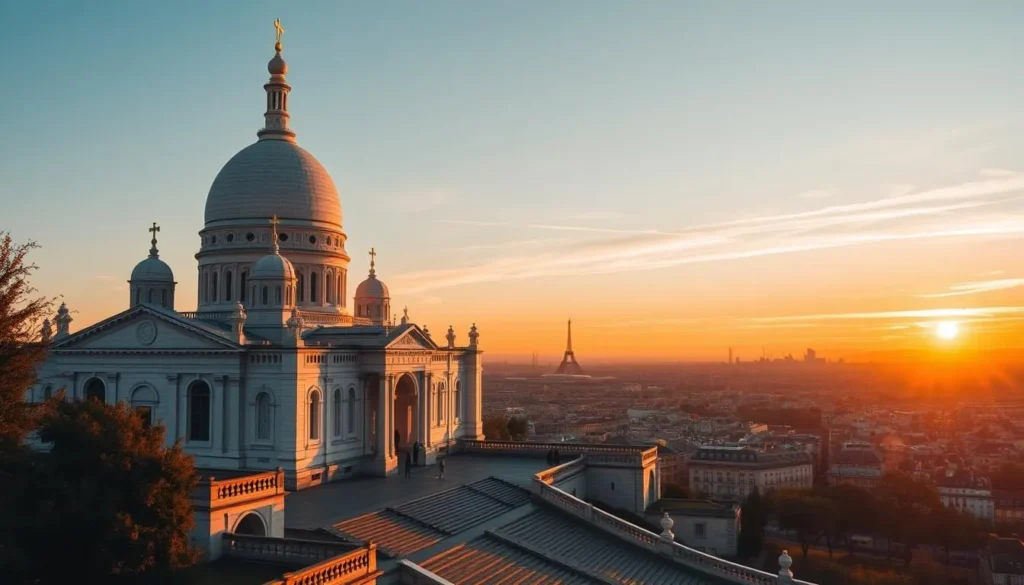Generate an image of Sacré-Cœur Basilica at sunset, capturing its white domes and the panoramic view of Paris from its steps.