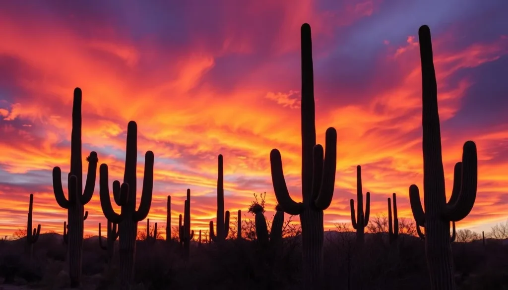 Generate an image of Saguaro National Park with iconic saguaro cacti against a sunset backdrop.
