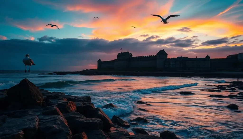 Generate an image of Saint-Malo's ramparts at sunset.
