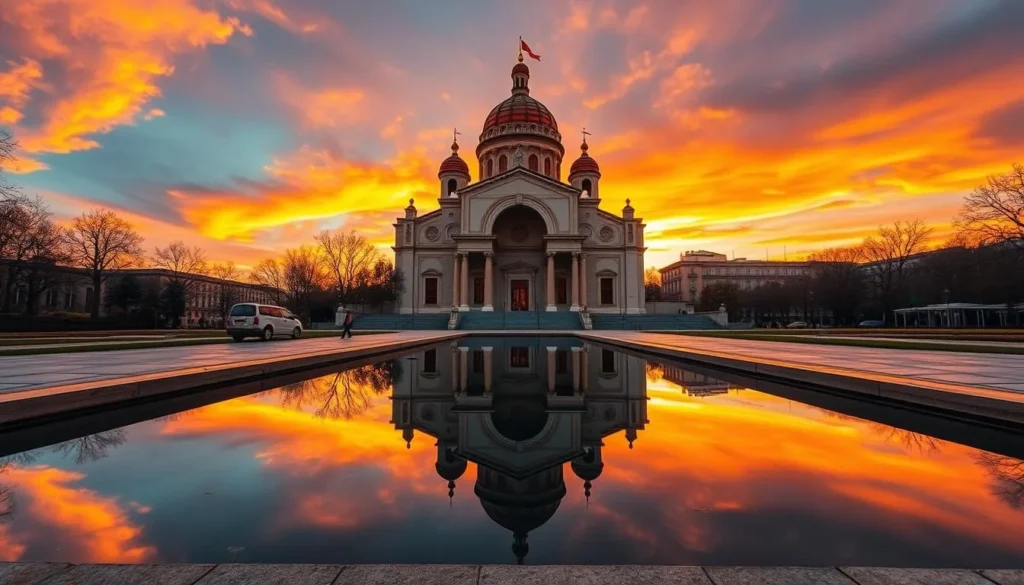 Generate an image of Saint Sophia Cathedral at sunrise with the reflection pool in the foreground. Generate an image of Saint Sophia Cathedral at sunrise with the reflection pool in the foreground.