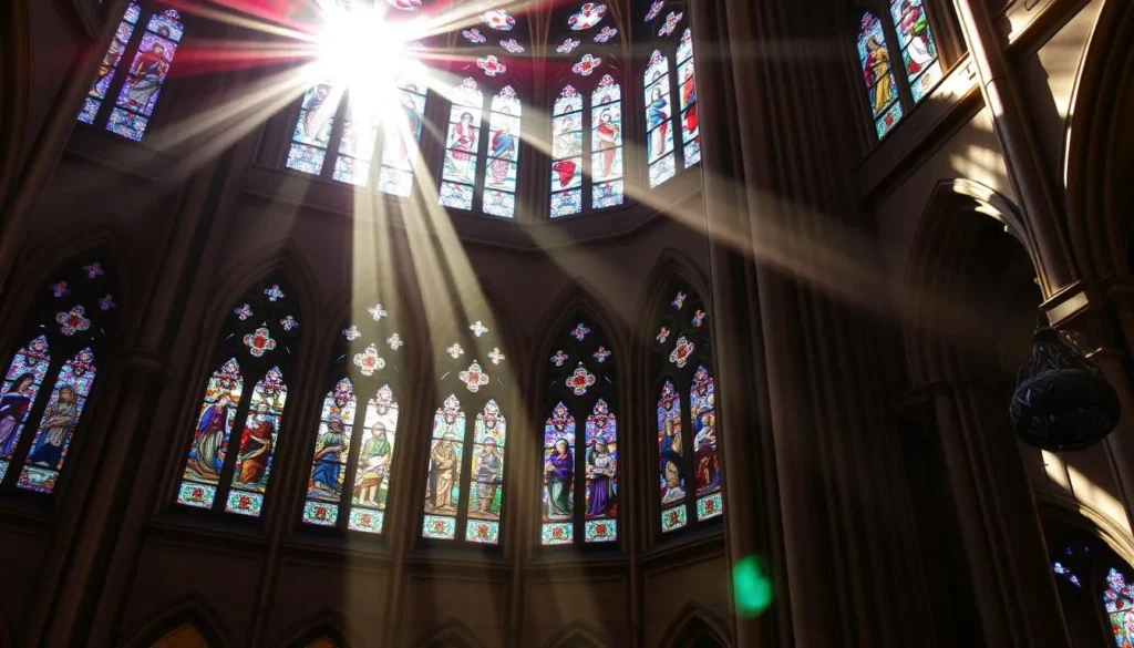 Generate an image of Sainte-Chapelle's interior, focusing on the stunning stained-glass windows and the effect of sunlight filtering through.