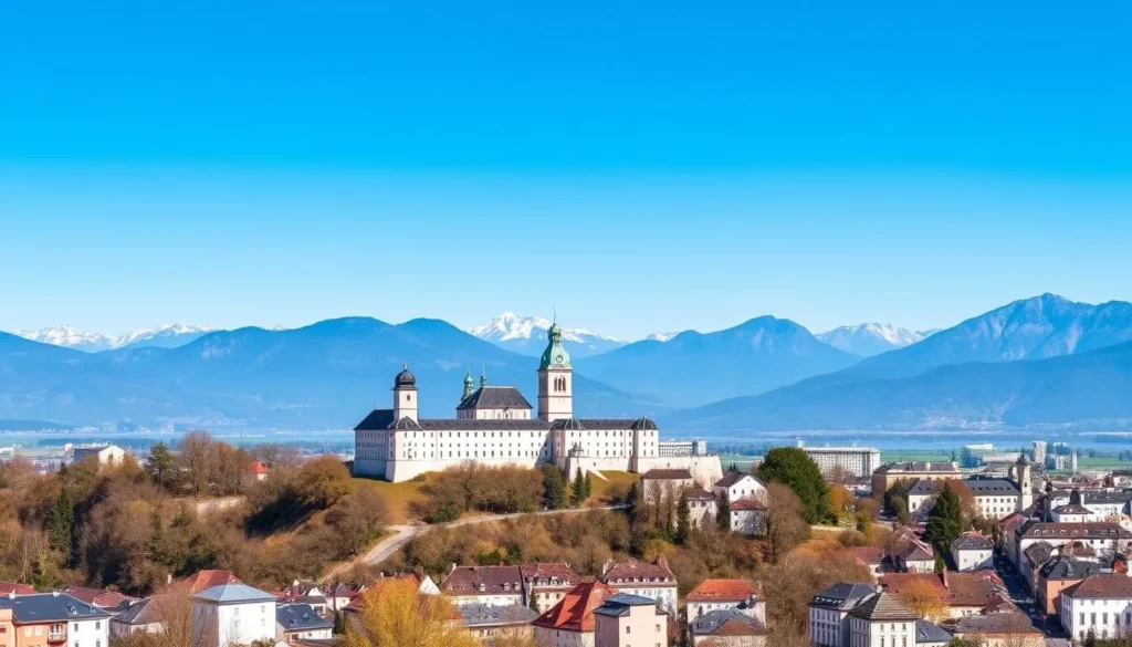 Generate an image of Salzburg's skyline with the Hohensalzburg Fortress. Generate an image of Salzburg's skyline with the Hohensalzburg Fortress.