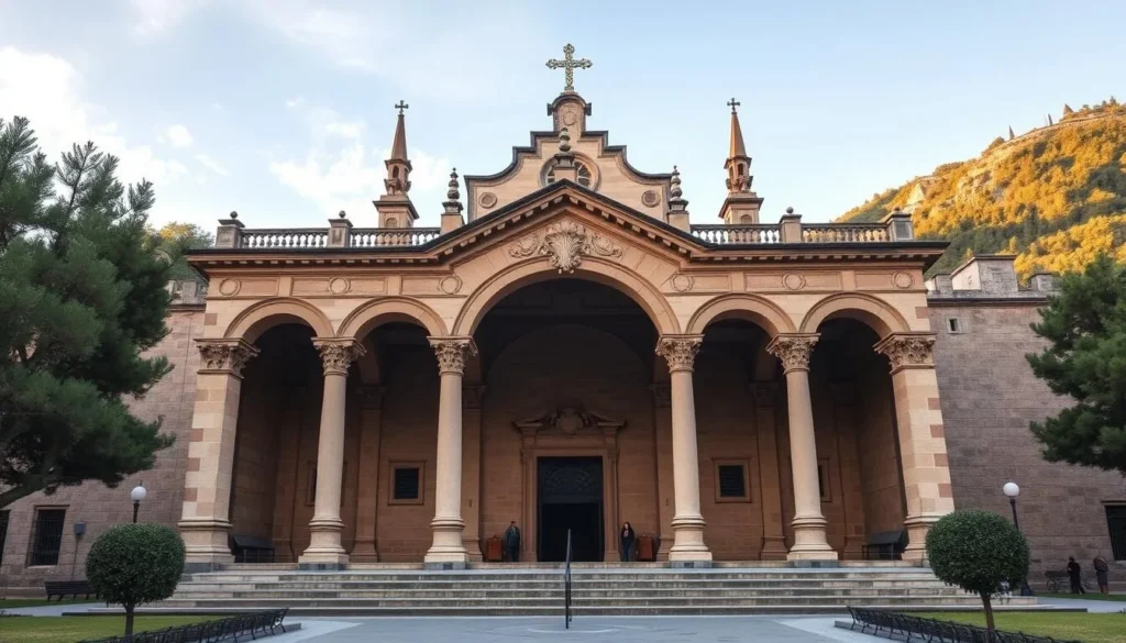 Generate an image of San Martín Church in Segovia, showcasing its beautiful three-sided portico and intricately carved capitals.