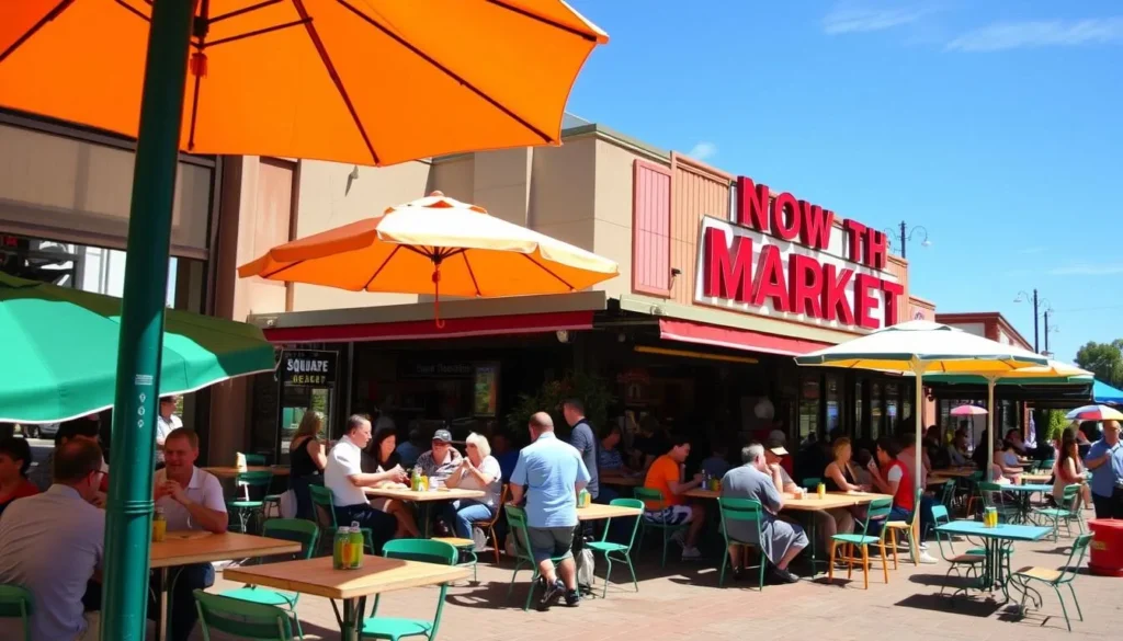 Generate an image of San Pedro Square Market's vibrant outdoor dining area on a sunny day.
