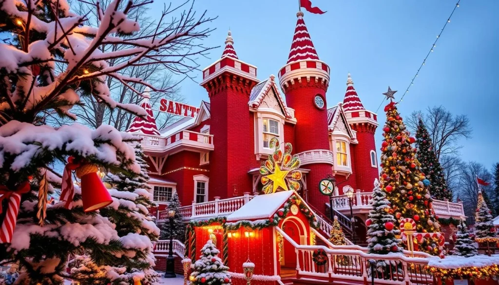 Generate an image of Santa's Candy Castle, a historic red brick castle in Santa Claus, Indiana.