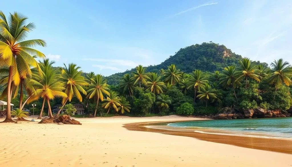 Generate an image of Sanyang Beach, a pristine coastline with palm trees, golden sands, and a serene atmosphere.