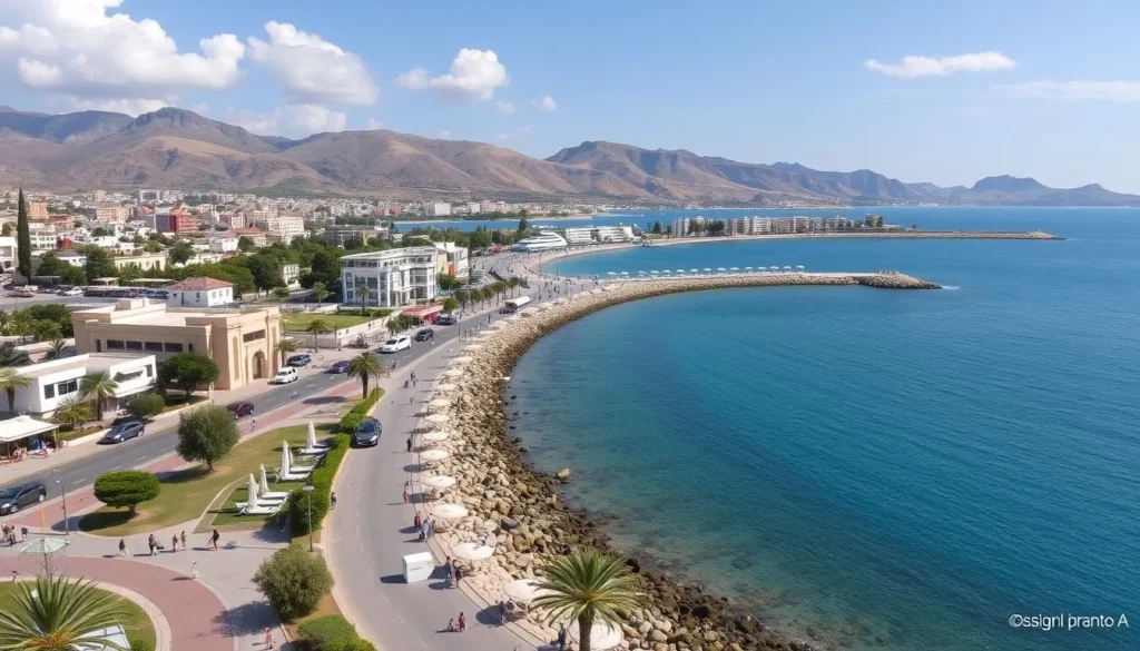 Generate an image of Sarande's horseshoe-shaped bay with a promenade and sea views.