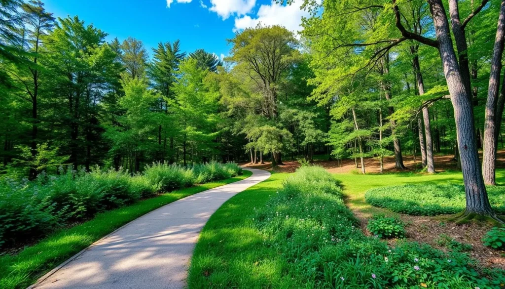 Generate an image of Saxon Woods Park with its lush greenery and walking trails.