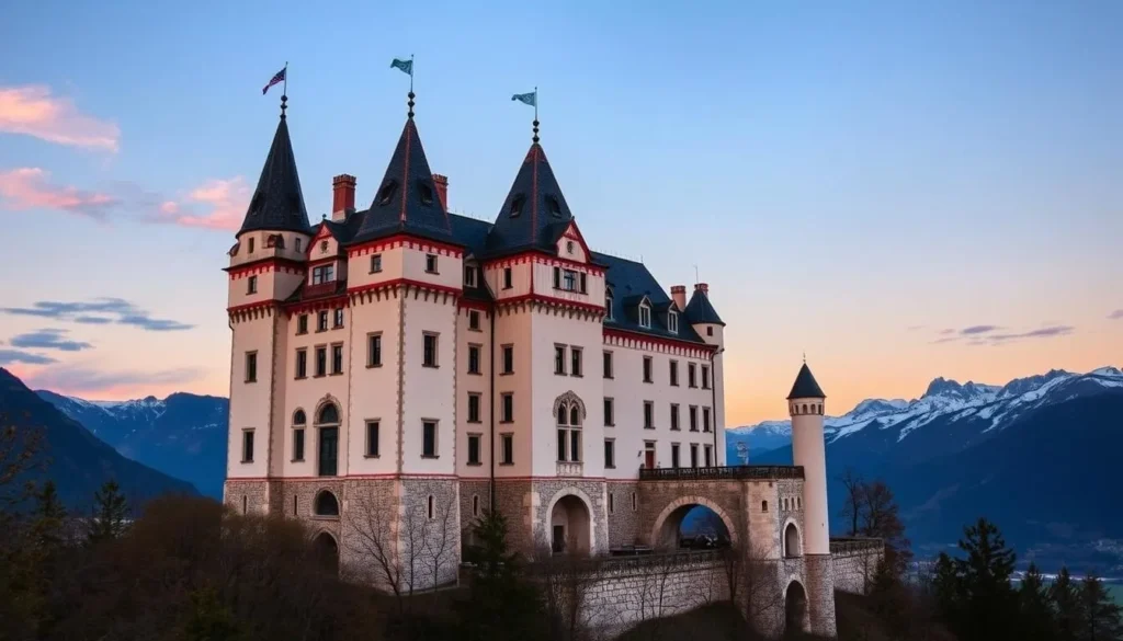 Generate an image of Schloss Vaduz, the turreted medieval castle that serves as the official residence of the Prince of Liechtenstein.