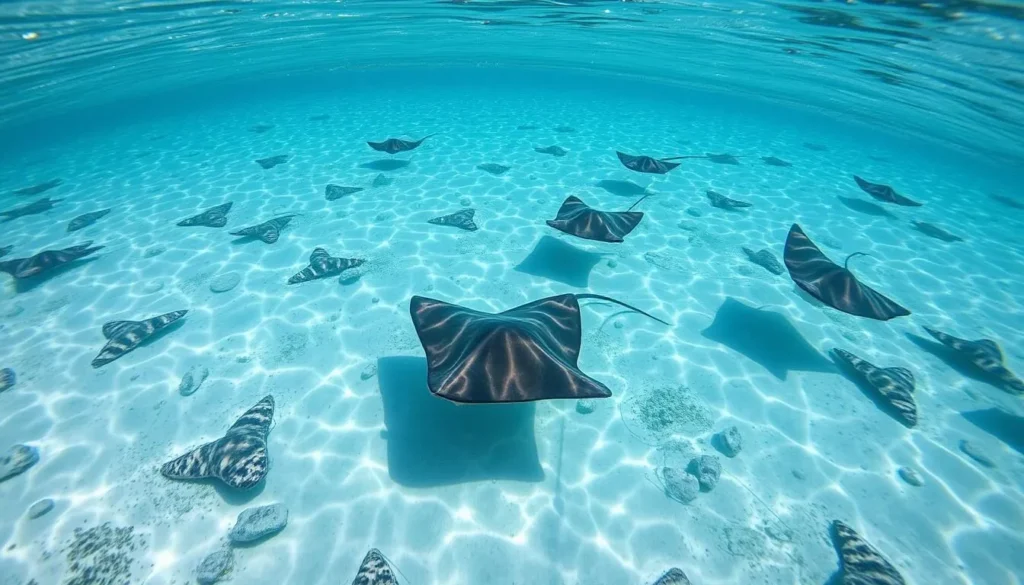 Generate an image of Scotland Cay with clear shallow waters and stingrays. Generate an image of Scotland Cay with clear shallow waters and stingrays.