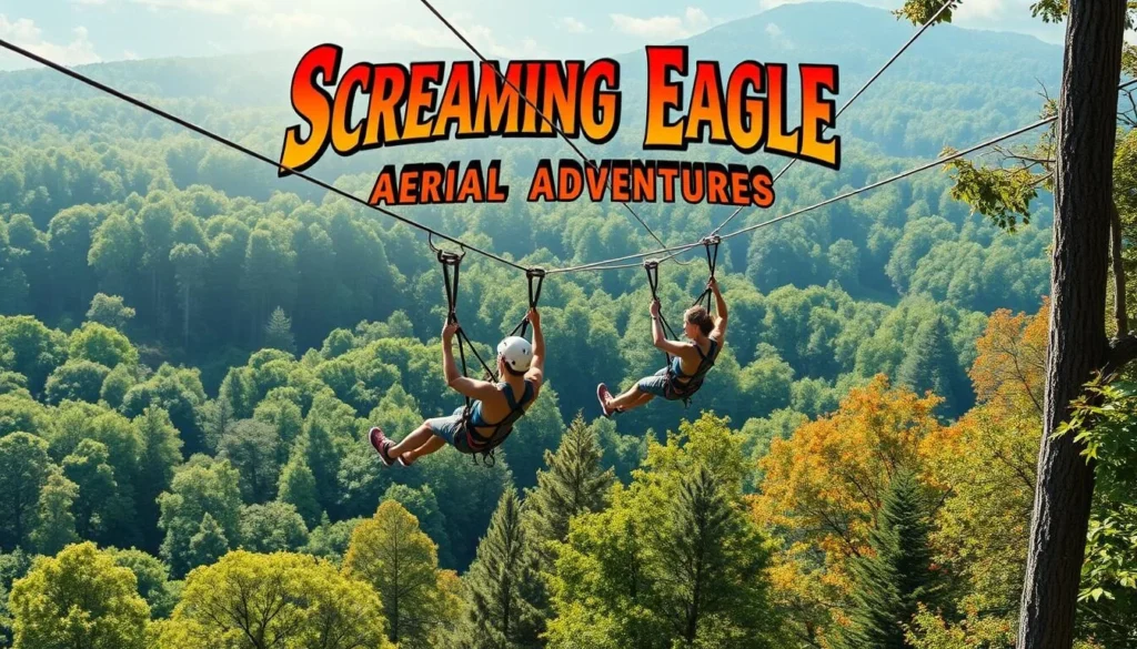 Generate an image of Screaming Eagle Aerial Adventures in Williamstown, Kentucky, showcasing zip liners soaring through the forest canopy.