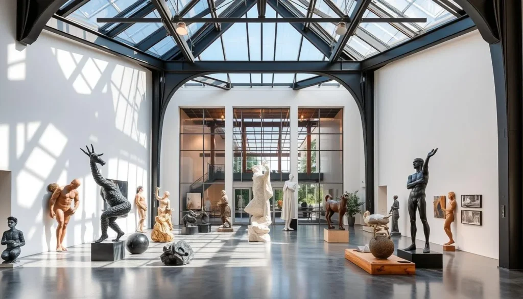 Generate an image of SculptureCenter's unique architectural setting, featuring contemporary sculptures.