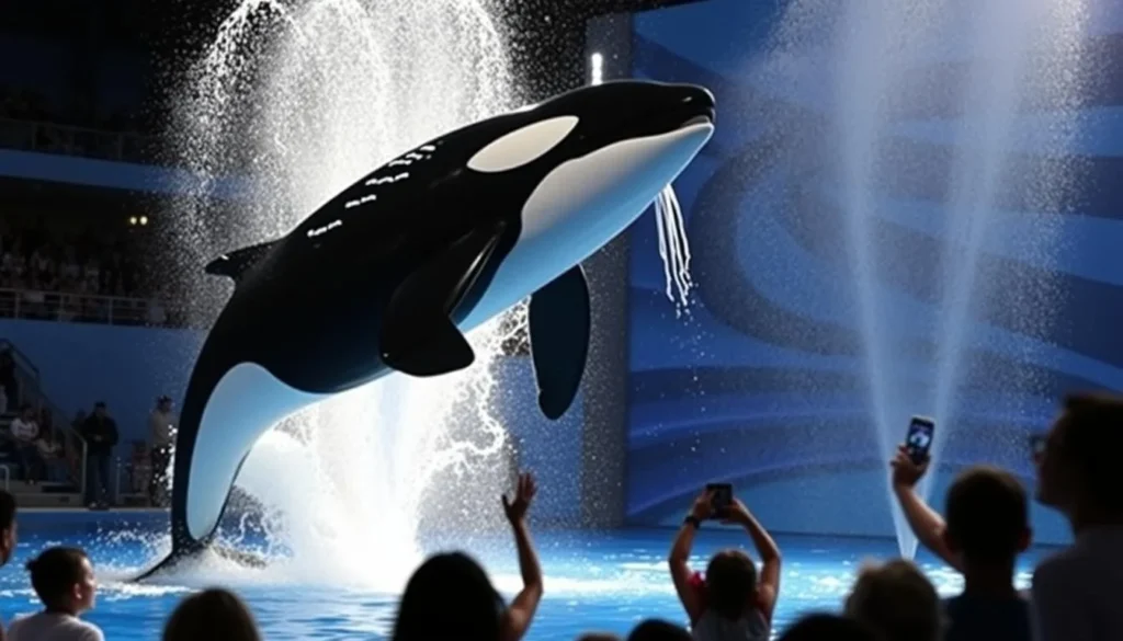 Generate an image of SeaWorld San Antonio's main attraction, such as a killer whale show