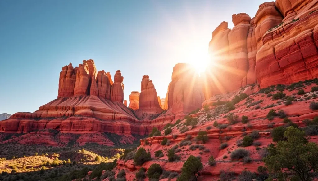Generate an image of Sedona's red rocks with a subtle, glowing aura to represent the energy vortexes.