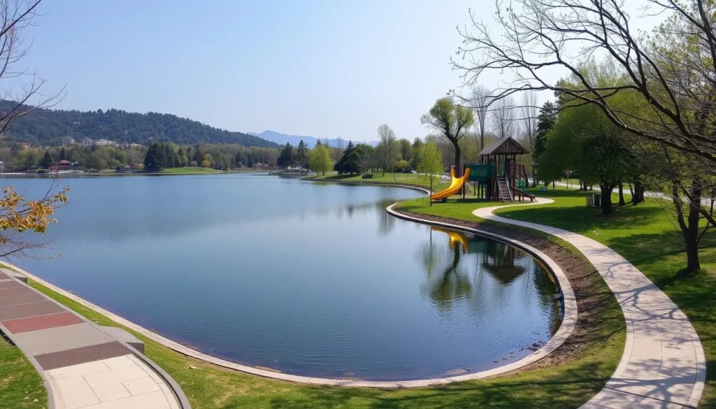 Generate an image of See-Woog Lake Park with a serene lake, walking paths, and a playground.