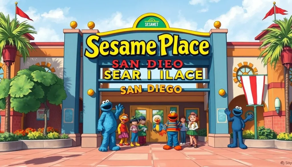 Generate an image of Sesame Place San Diego's main entrance.