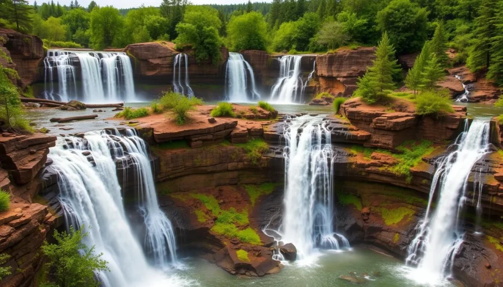 Generate an image of Seven Falls, featuring the tiered cascade and the surrounding landscape. Generate an image of Seven Falls, featuring the tiered cascade and the surrounding landscape.