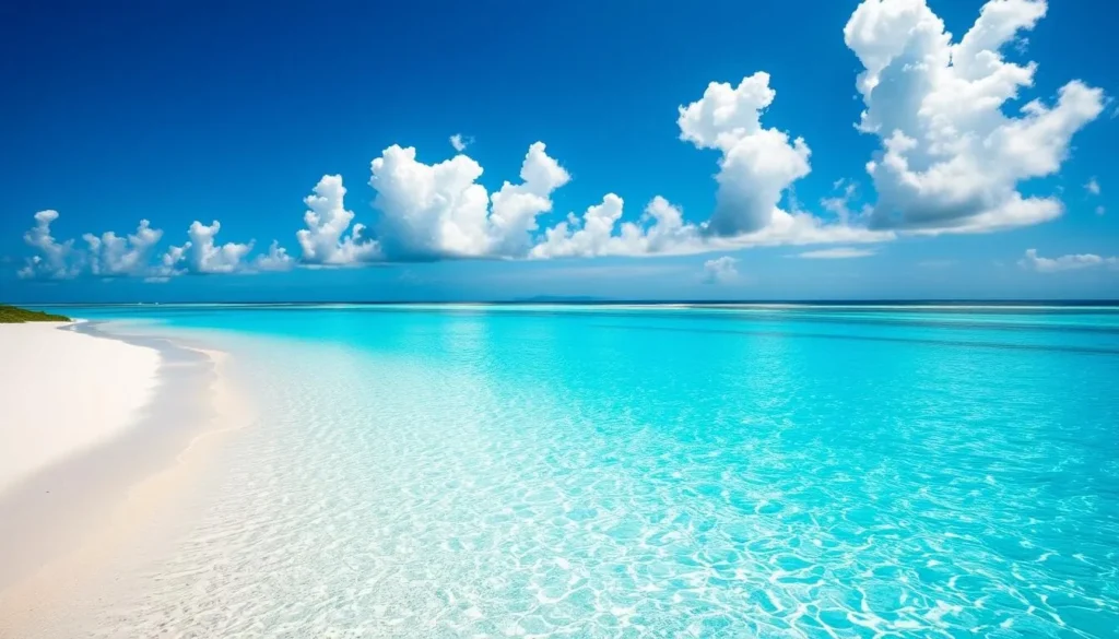 Generate an image of Seven Mile Beach with pristine white sand and crystal-clear waters.