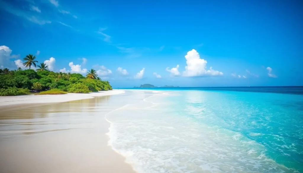 Generate an image of Seven Mile Beach with pristine white sands and crystal-clear turquoise waters.