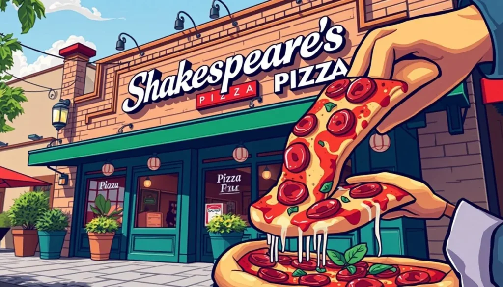 Generate an image of Shakespeare's Pizza exterior or a delicious pizza being served.