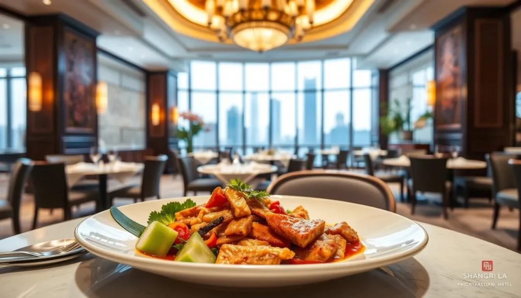 Generate an image of Shang Palace at Shangri-La Hotel's elegant dining area with a beautifully presented Cantonese dish.
