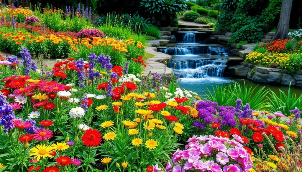 Generate an image of Shaw Park Gardens with a variety of flowers and a waterfall.